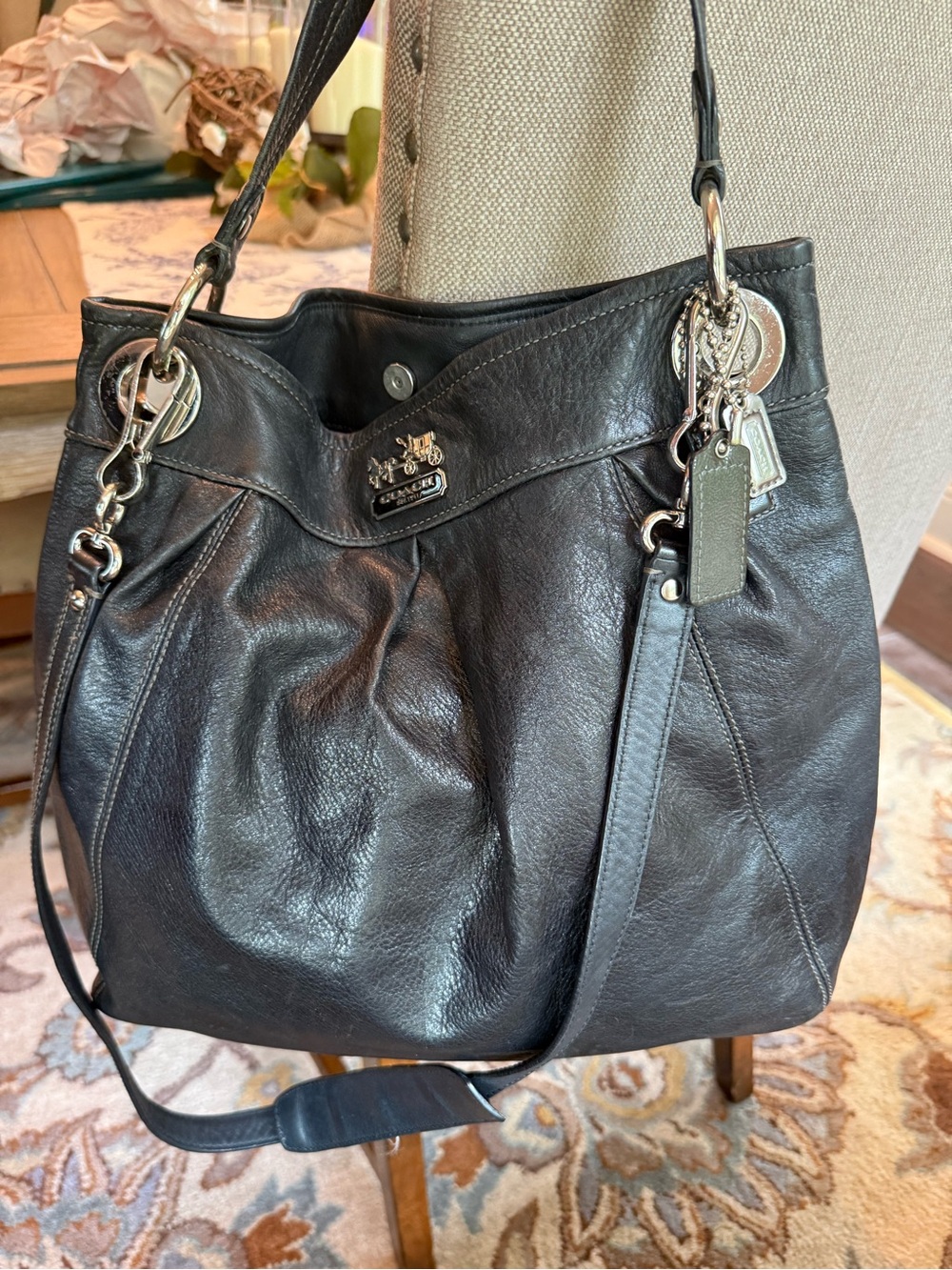 Coach Black Leather Shoulder Hobo with Silver-Tone Charms